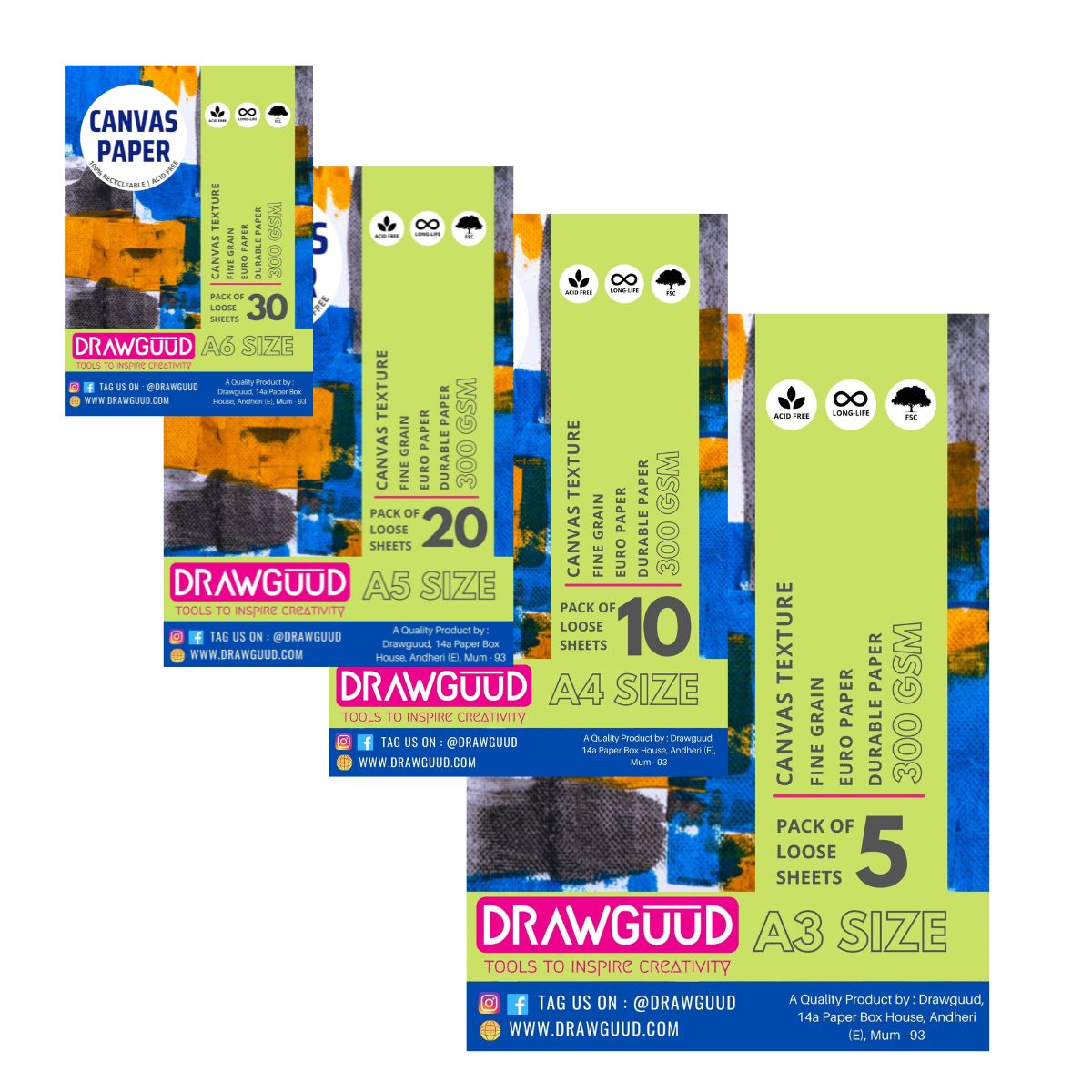 DRAWGUUD Pack de 2 PAPEL TEXTURA CANVAS 300 G/M2 PARA PINTAR, HOJAS SUELTAS