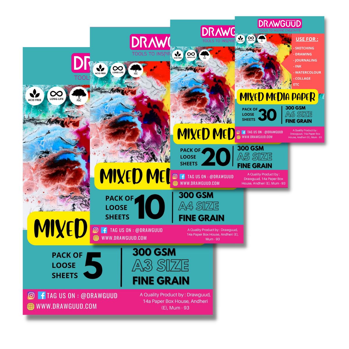 DRAWGUUD Pack of 2 300 GSM MIXED MEDIA PAPER FOR PAINTING, LOOSE SHEETS