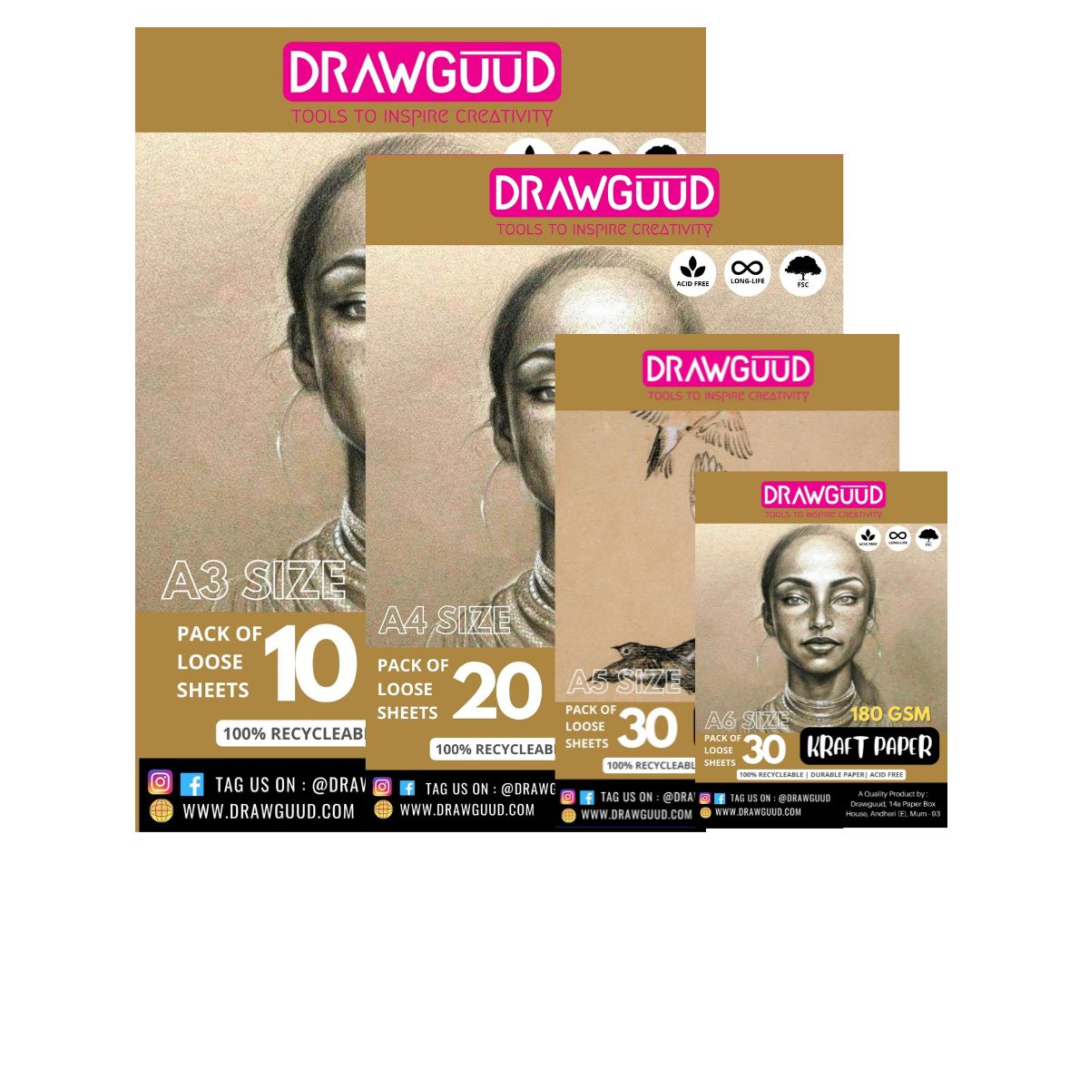 DRAWGUUD Pack of 2 180 GSM KRAFT TEXTURE PAPER FOR PAINTING, LOOSE SHEETS