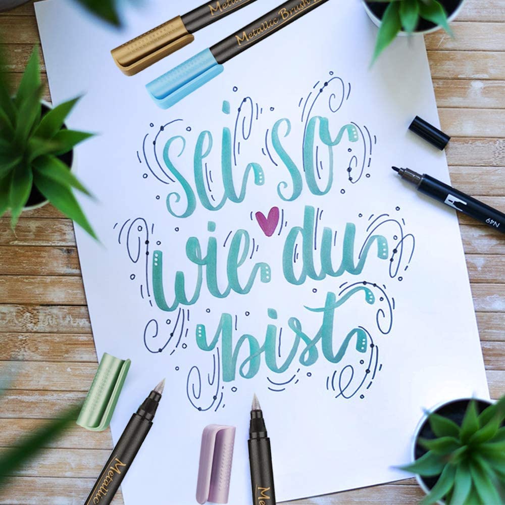 DRAWGUUD Metallic Brush Marker Pens - Soft Brush Tip, Metallic Paint Art Markers Set, for Black Paper, Art Rock Painting, Calligraphy, Hand Lettering, Coloring, Scrapbooking, Card Making (10 Colors)