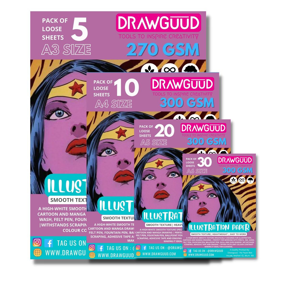 DRAWGUUD Pack of 2 270 GSM ILLUSTRATION PAPER FOR PAINTING, LOOSE SHEETS