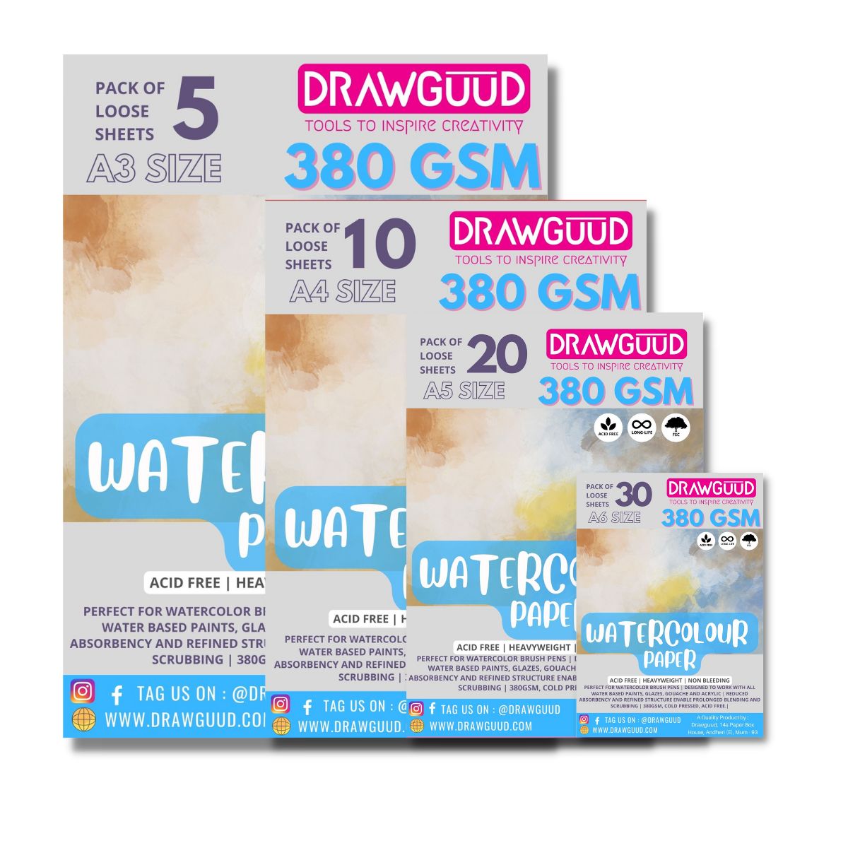 DRAWGUUD PACK OF 1 380 GSM WATERCOLOUR PAPER FOR PAINTING, LOOSE SHEETS