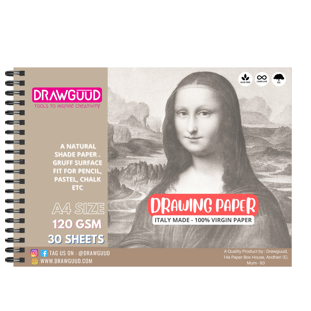 DRAWGUUD CANVAS TEXTURED PAPER 300 GSM SHEETS WIRO BOOK,WHITE – DRAWGUUD -  TOOLS TO INSPIRE CREATIVITY