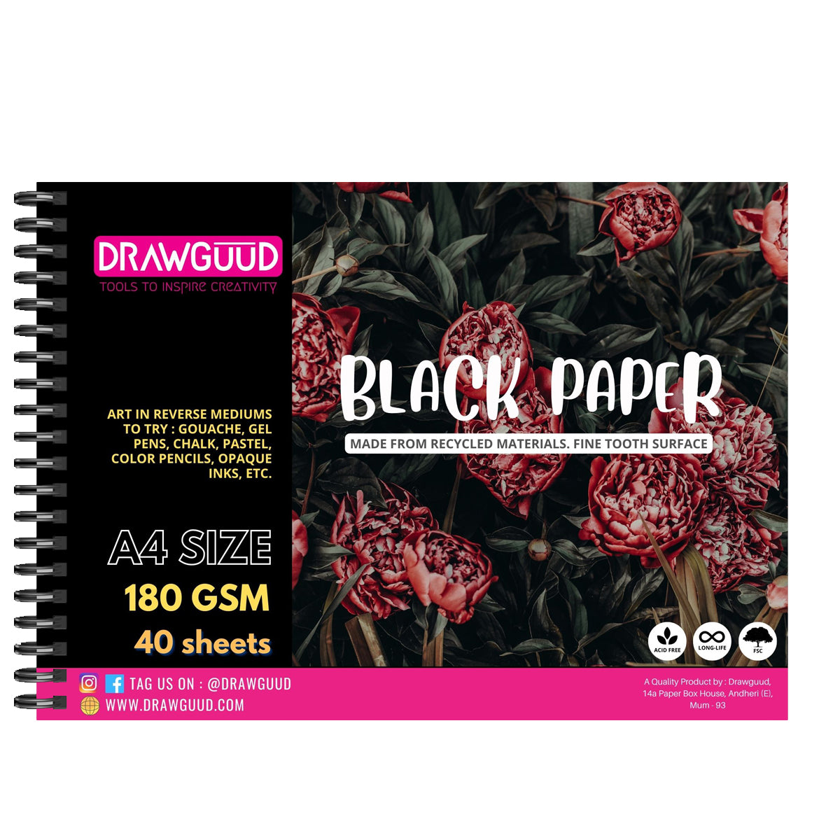 DRAWGUUD BLACK ROUGH PAPER 200 GSM 12 SHEETS WIRO BOOK, BLACK