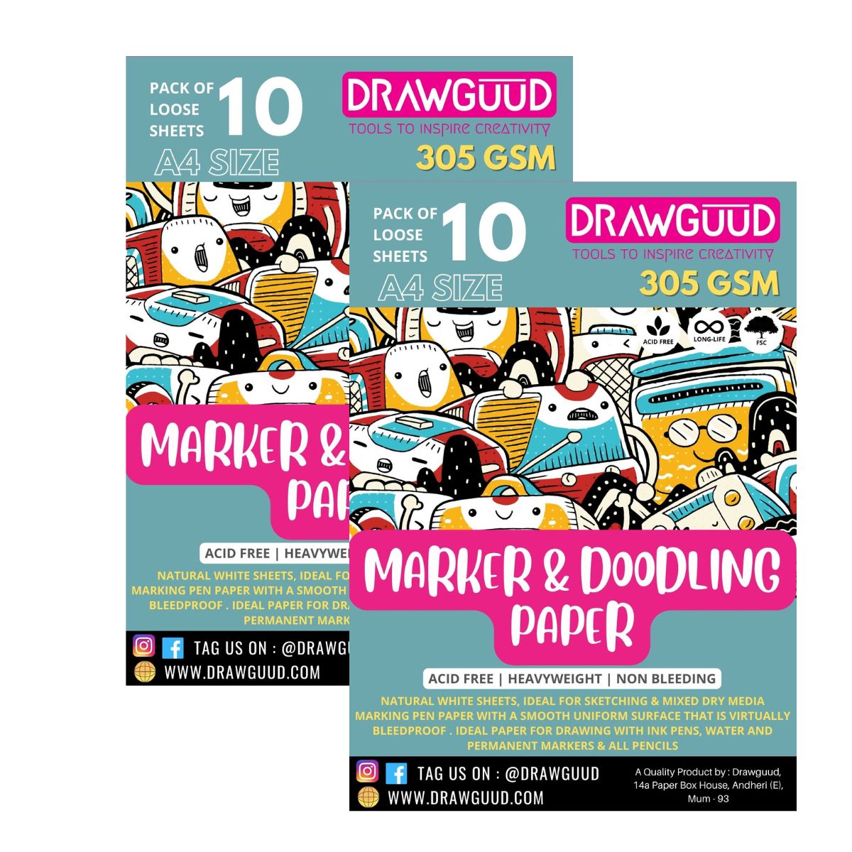 DRAWGUUD Pack of 2 305 GSM MARKER & DOODLING PAPER FOR PAINTING, LOOSE SHEETS