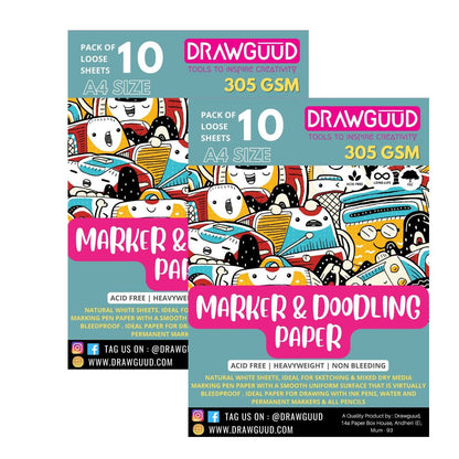DRAWGUUD Pack of 2 305 GSM MARKER & DOODLING PAPER FOR PAINTING, LOOSE SHEETS