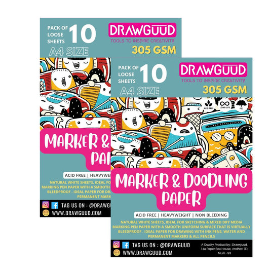 DRAWGUUD Pack of 2 305 GSM MARKER & DOODLING PAPER FOR PAINTING, LOOSE SHEETS