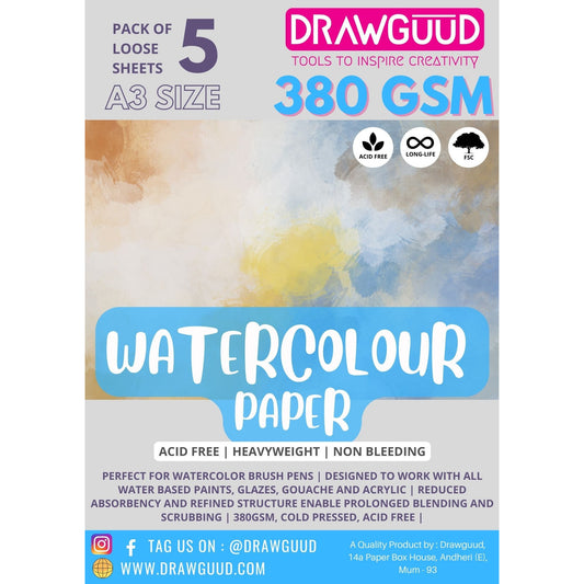 DRAWGUUD PACK OF 1 380 GSM WATERCOLOUR PAPER FOR PAINTING, LOOSE SHEETS