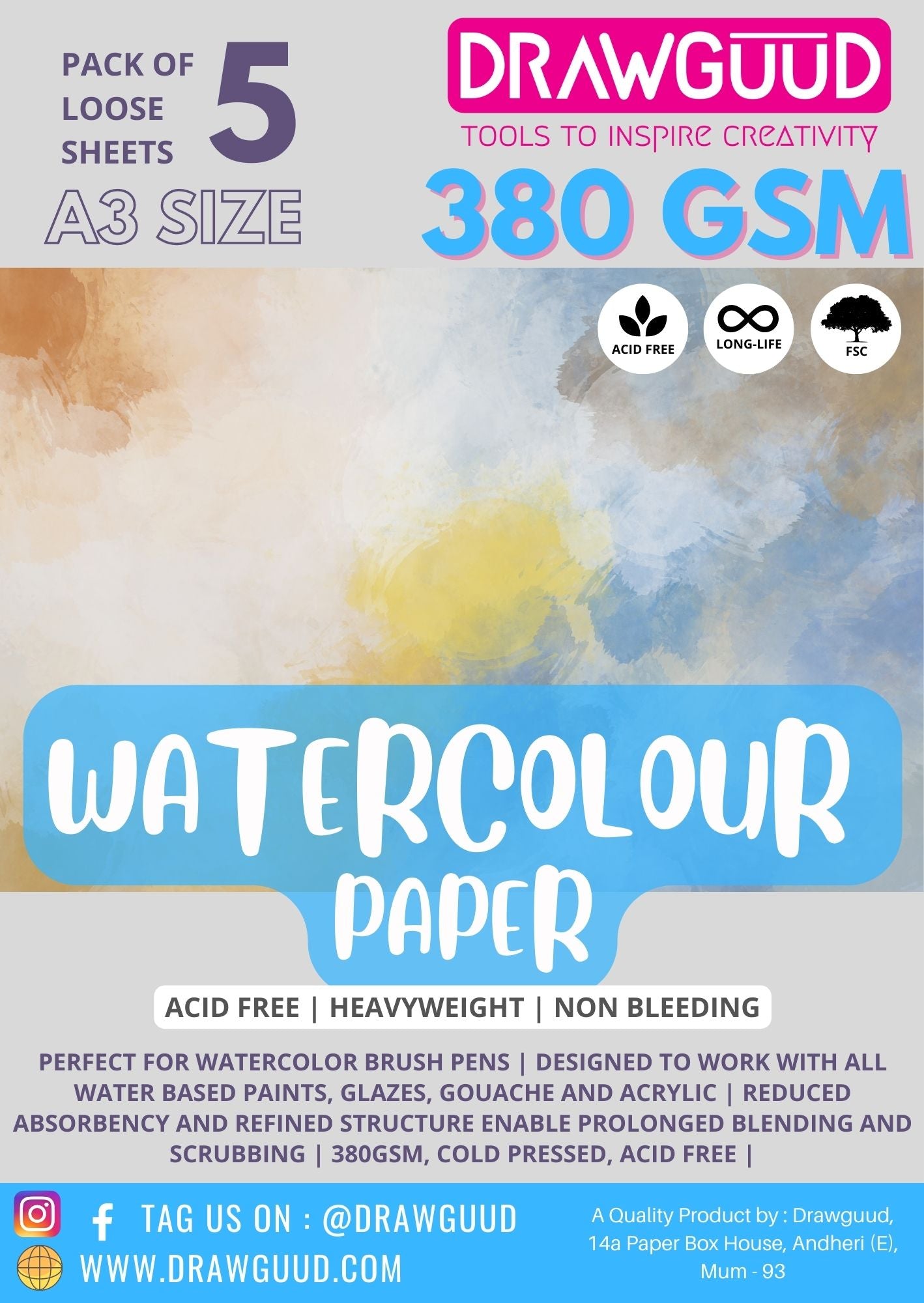 DRAWGUUD PACK OF 1 380 GSM WATERCOLOUR PAPER FOR PAINTING, LOOSE SHEETS