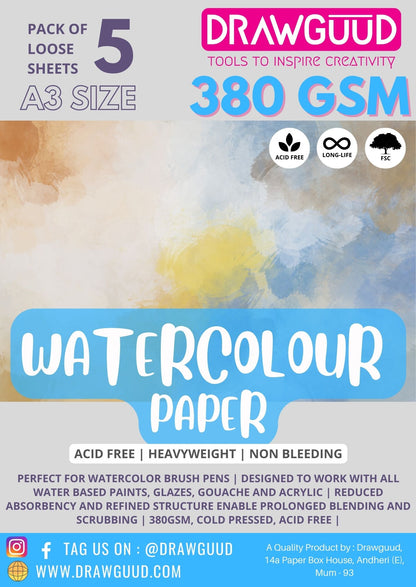 DRAWGUUD PACK OF 1 380 GSM WATERCOLOUR PAPER FOR PAINTING, LOOSE SHEETS