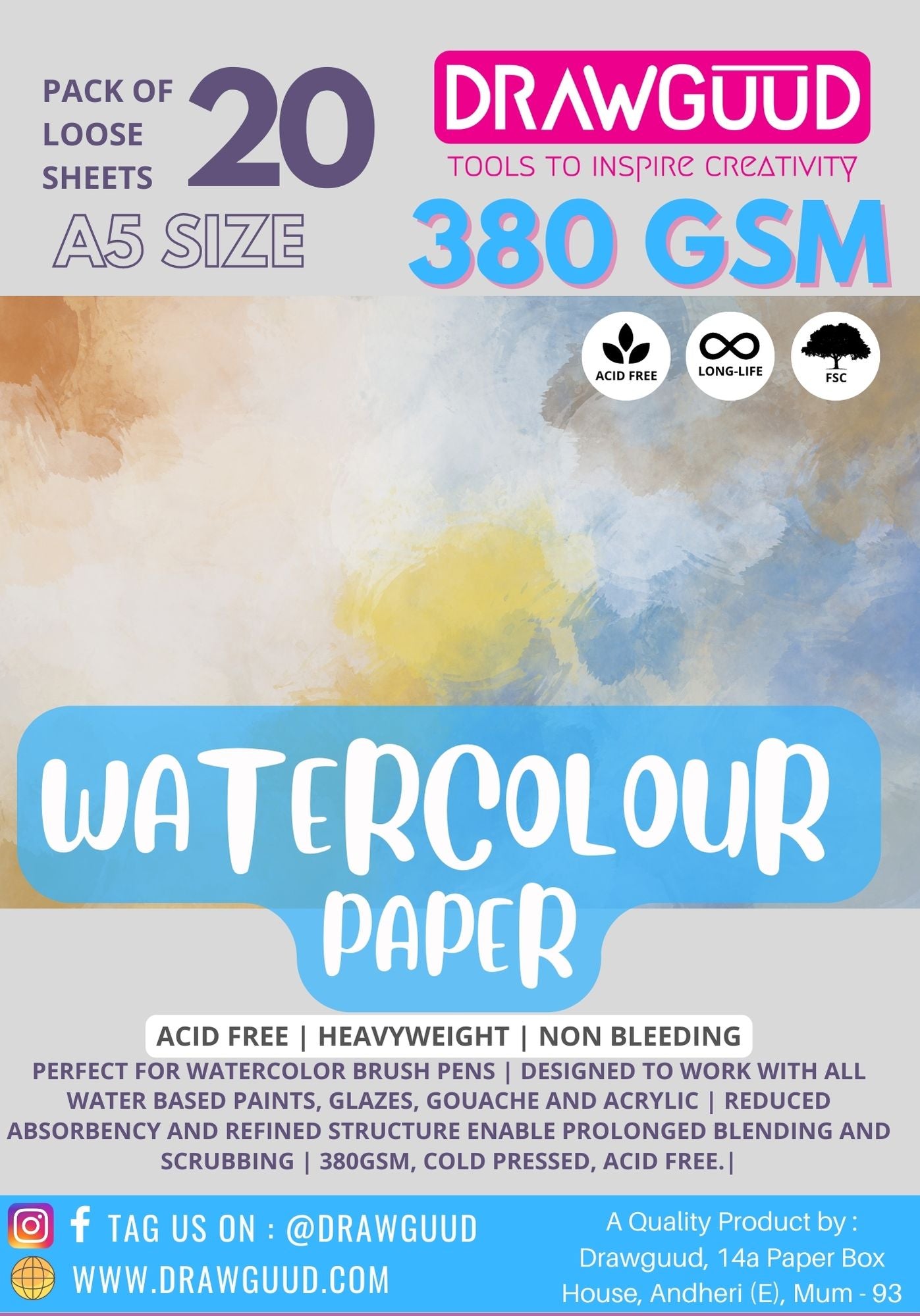 DRAWGUUD PACK OF 1 380 GSM WATERCOLOUR PAPER FOR PAINTING, LOOSE SHEETS