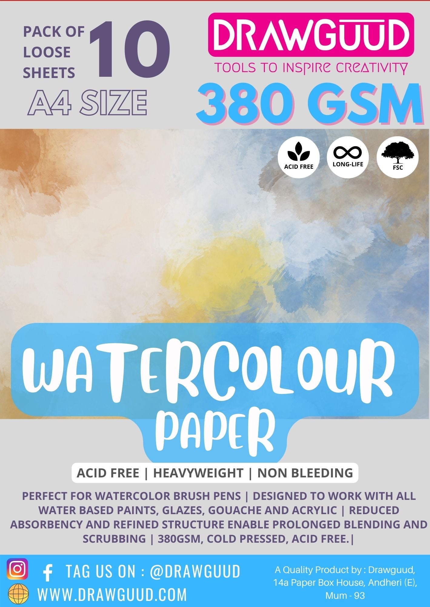 DRAWGUUD PACK OF 1 380 GSM WATERCOLOUR PAPER FOR PAINTING, LOOSE SHEETS