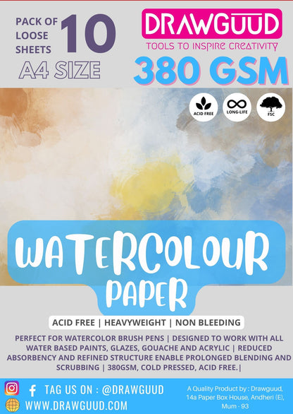 DRAWGUUD PACK OF 1 380 GSM WATERCOLOUR PAPER FOR PAINTING, LOOSE SHEETS
