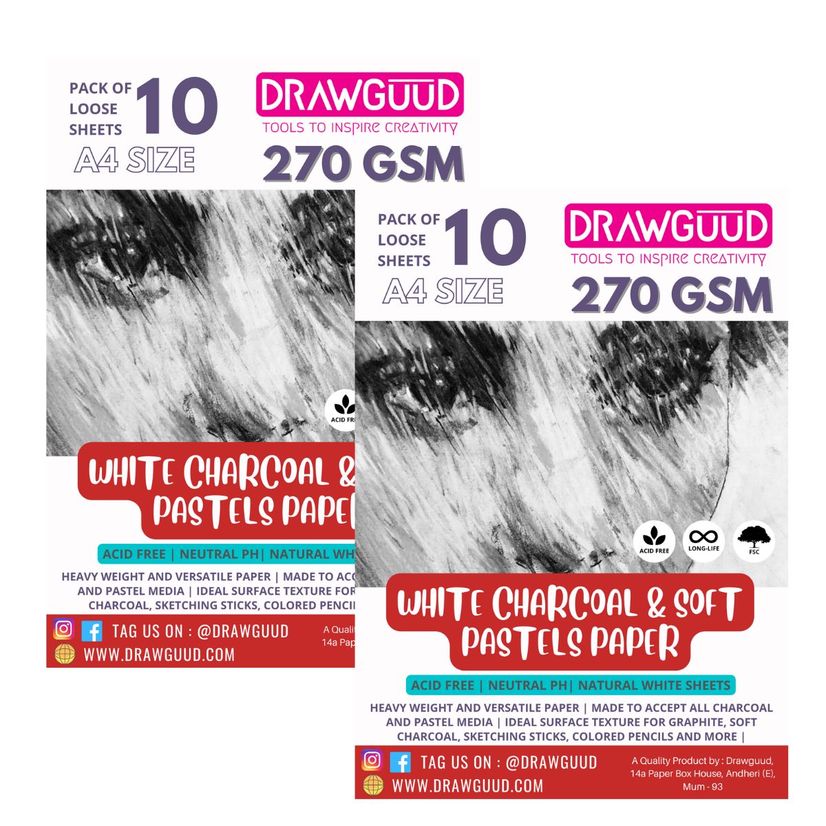 DRAWGUUD Pack of 2 270GSM Charcoal & Pastels Paper strong surface suitable for charcoals, oil pastels, crayons, and more.