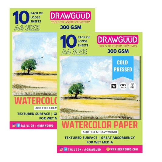 DRAWGUUD Paquete de 2 250 GSM Papel de acuarela 10 hojas POR paquete 10+10 = 20 hojas, blanco