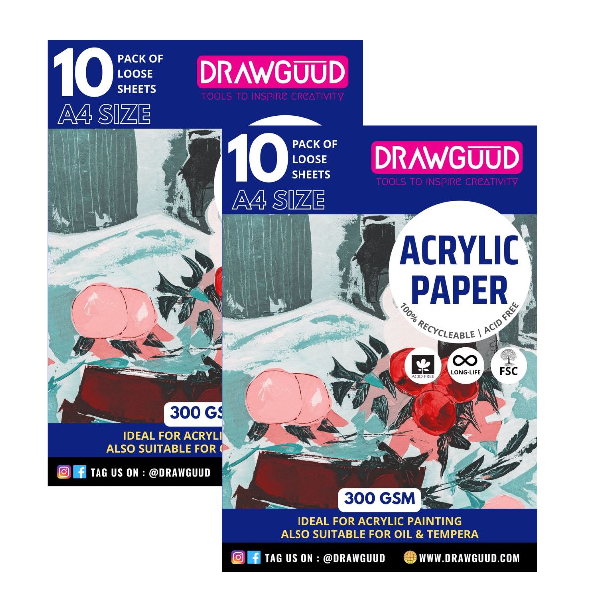 DRAWGUUD Pack of 2 300 GSM ACRYCLIC Paper , White for Acrylic, Oil and other painting techniques