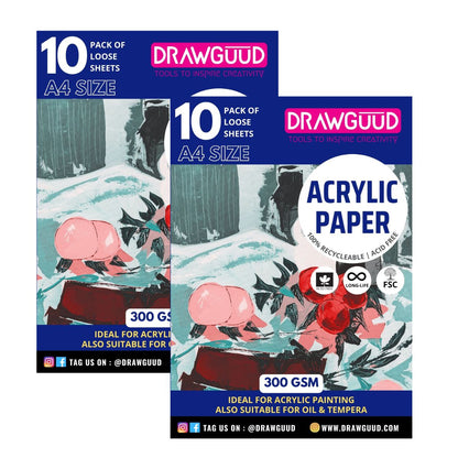 DRAWGUUD Pack of 2 300 GSM ACRYCLIC Paper , White for Acrylic, Oil and other painting techniques