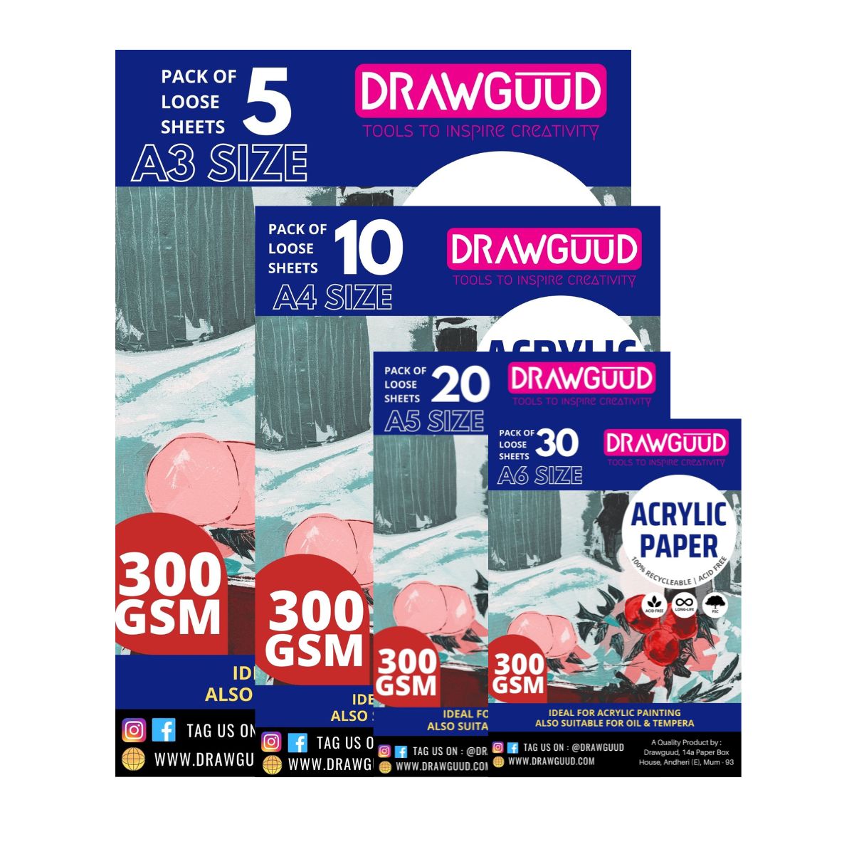 DRAWGUUD Pack of 2 300 GSM ACRYCLIC Paper , White for Acrylic, Oil and other painting techniques