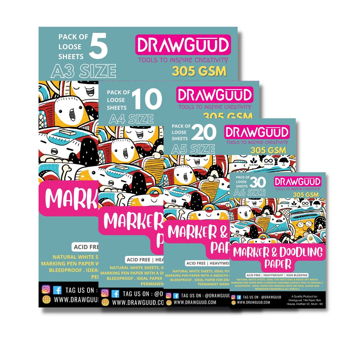 DRAWGUUD Pack of 2 305 GSM MARKER & DOODLING PAPER FOR PAINTING, LOOSE SHEETS