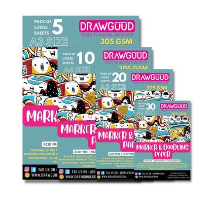 DRAWGUUD Pack of 2 305 GSM MARKER & DOODLING PAPER FOR PAINTING, LOOSE SHEETS