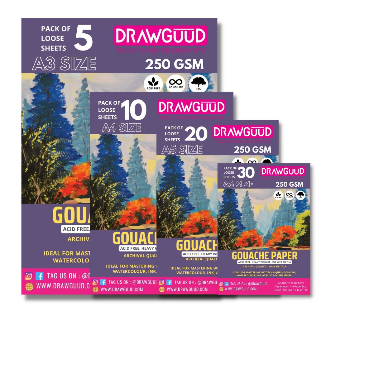 DRAWGUUD Pack of 2 250 GSM GOUACHE PAPER FOR PAINTING, LOOSE SHEETS