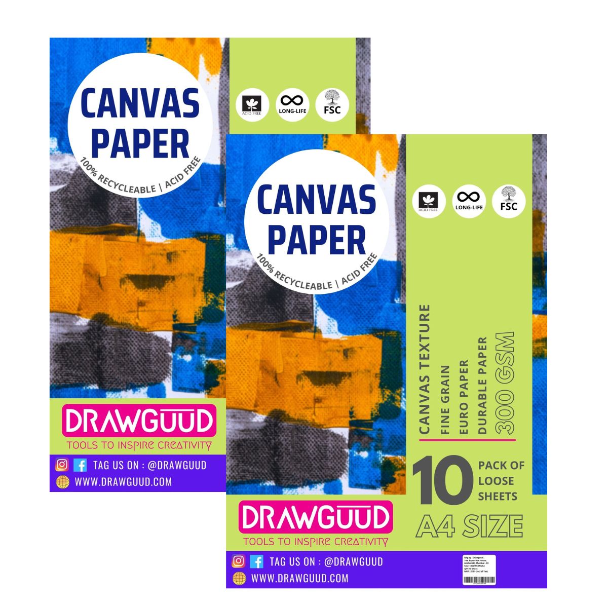 DRAWGUUD Pack of 2 300 GSM CANVAS TEXTURE PAPER FOR PAINTING, LOOSE SHEETS
