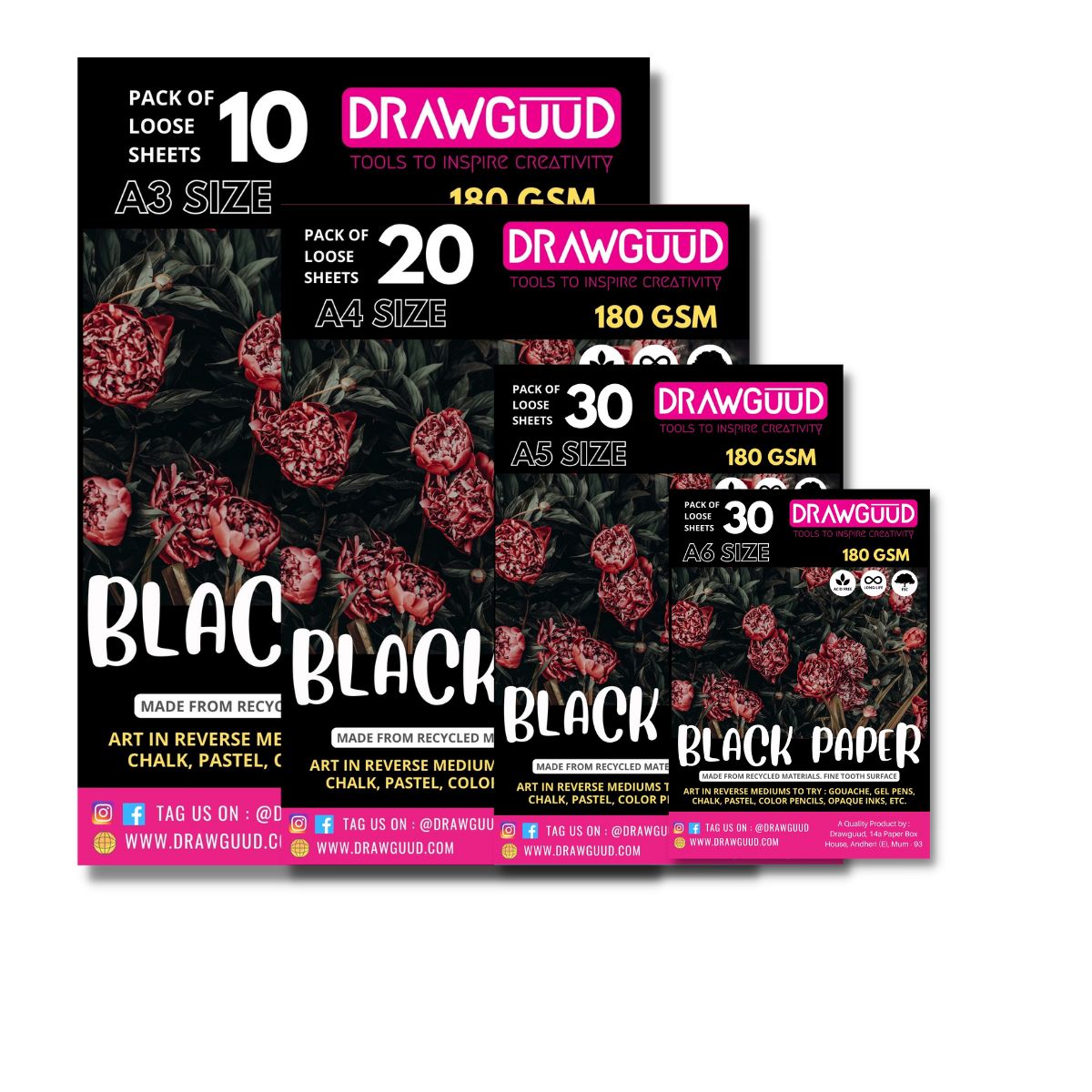 DRAWGUUD Pack de 2 PAPEL TEXTURA NEGRO 180 G/M2 PARA PINTAR, HOJAS SUELTAS
