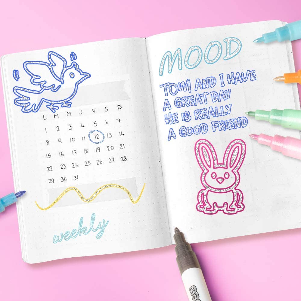 DRAWGUUD Bolígrafos de doble línea, 8 rotuladores metálicos de color con purpurina, tarjetas de regalo, bolígrafos de dibujo, bolígrafo de pintura brillante para diario de niños, dibujo, firma, póster de manualidades