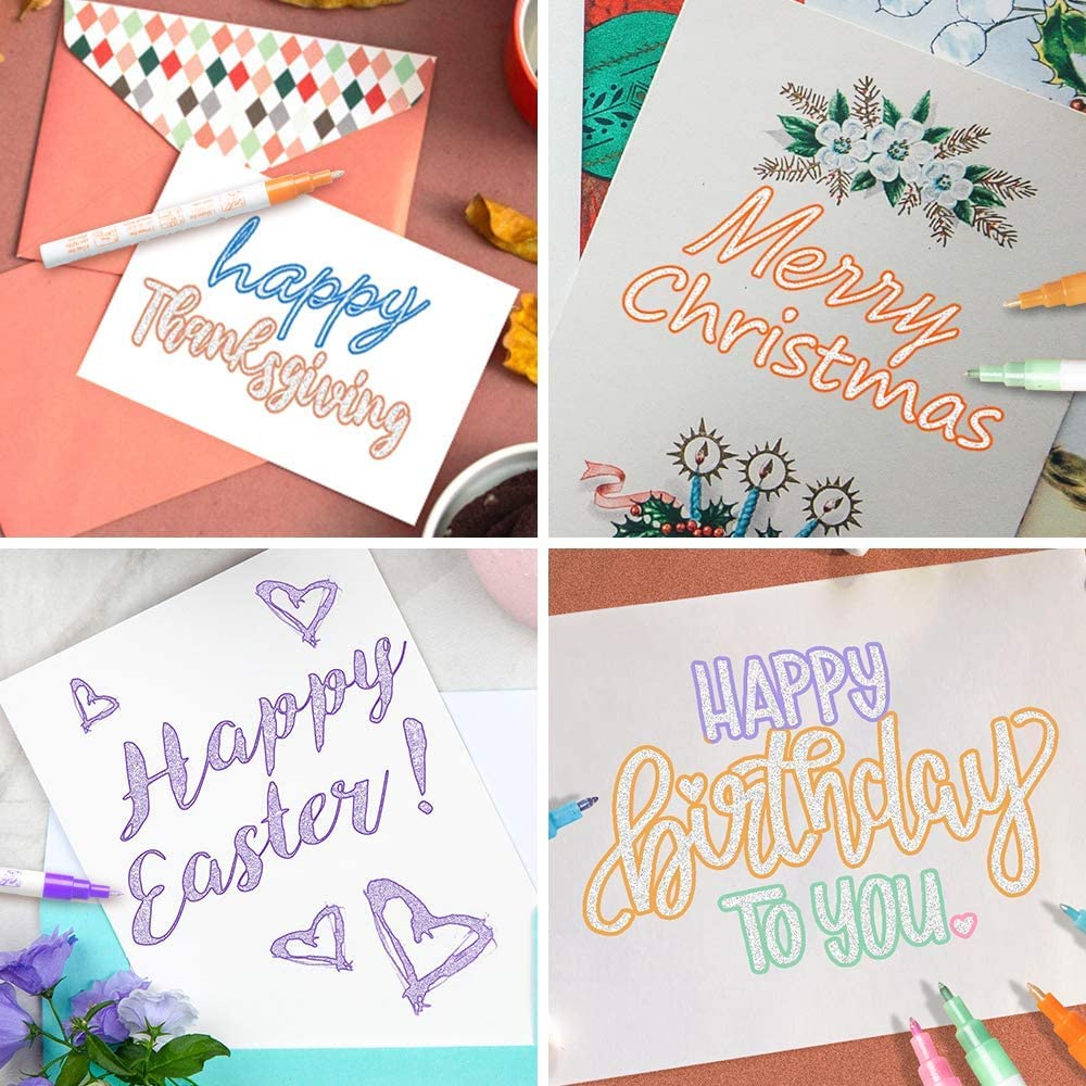DRAWGUUD Bolígrafos de doble línea, 8 rotuladores metálicos de color con purpurina, tarjetas de regalo, bolígrafos de dibujo, bolígrafo de pintura brillante para diario de niños, dibujo, firma, póster de manualidades
