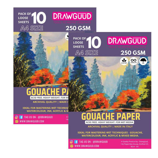DRAWGUUD Pack of 2 250 GSM GOUACHE PAPER FOR PAINTING, LOOSE SHEETS