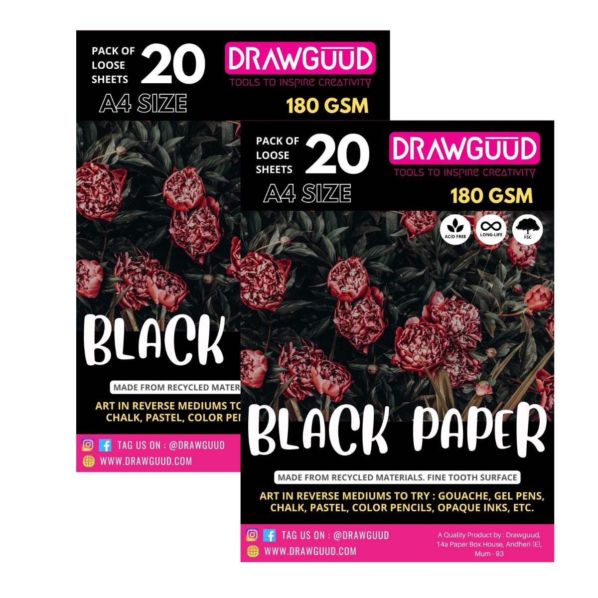 DRAWGUUD Pack de 2 PAPEL TEXTURA NEGRO 180 G/M2 PARA PINTAR, HOJAS SUELTAS