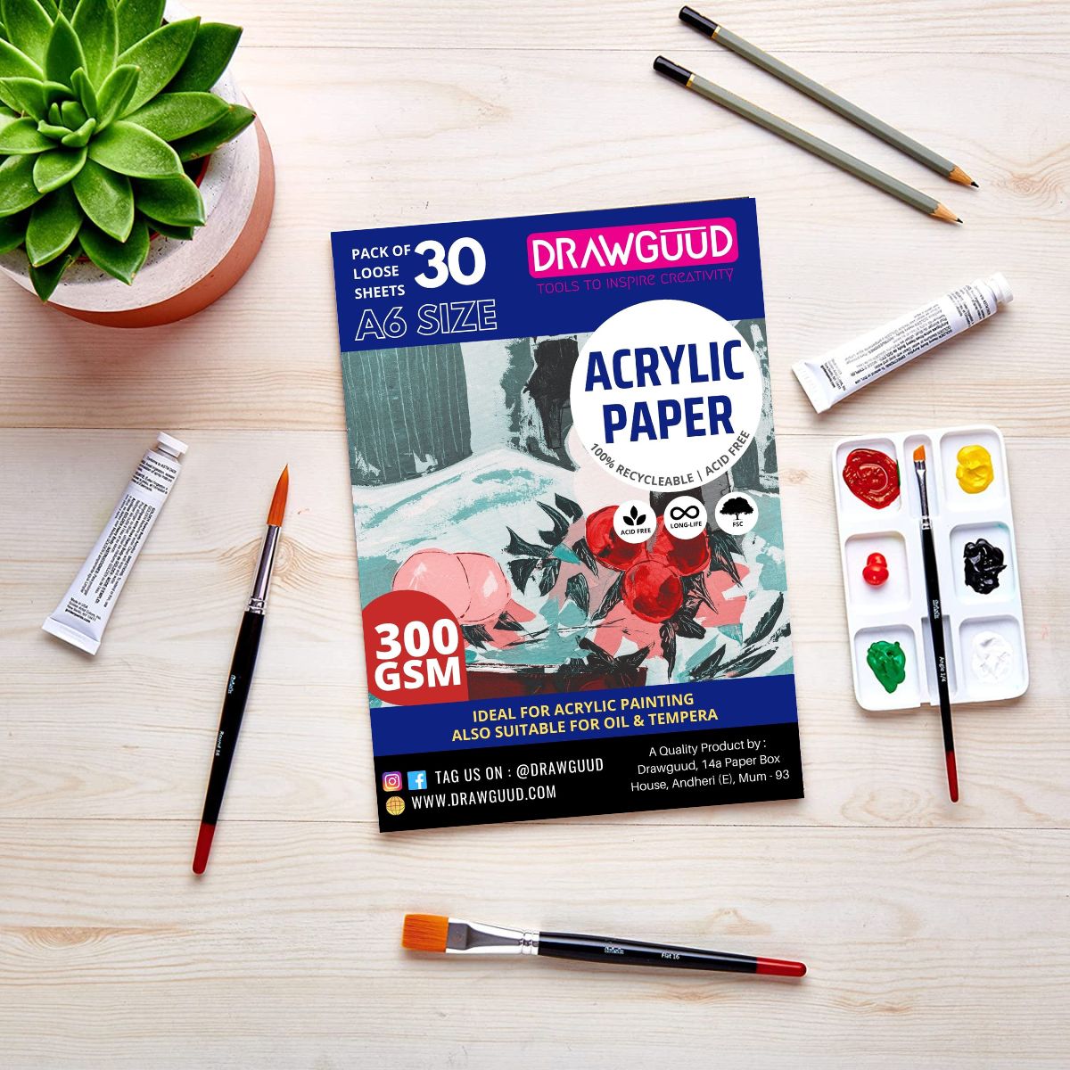 DRAWGUUD Pack of 2 300 GSM ACRYCLIC Paper , White for Acrylic, Oil and other painting techniques