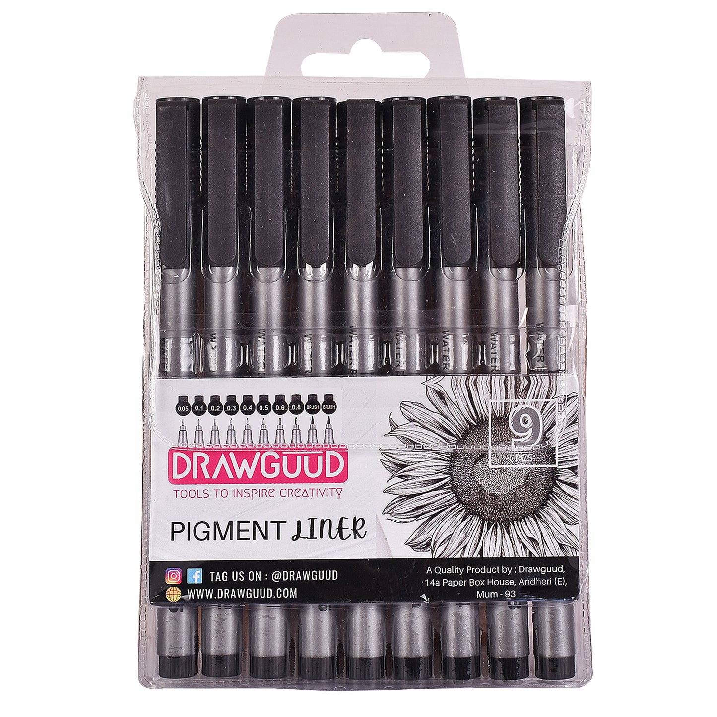 DRAWGUUD Set of 9 Black Micro-Pen Fineliner Ink Pens - Waterproof Archival ink, Multiliner - Sketching, Anime, Artist Illustration, Technical Drawing, Office Documents, Scrapbooking