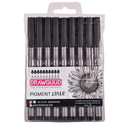 DRAWGUUD Set of 9 Black Micro-Pen Fineliner Ink Pens - Waterproof Archival ink, Multiliner - Sketching, Anime, Artist Illustration, Technical Drawing, Office Documents, Scrapbooking