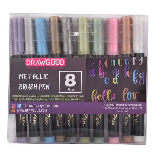 DRAWGUUD Metallic Brush Marker Pens - Soft Brush Tip, Metallic Paint Art Markers Set, for Black Paper, Art Rock Painting, Calligraphy, Hand Lettering, Coloring, Scrapbooking, Card Making (10 Colors)