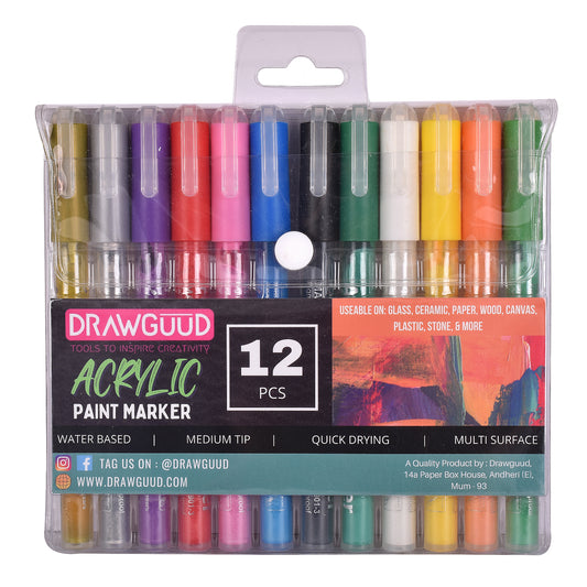 DRAWGUUD Acrylic Paint Pens for Rock Painting, Stone, Ceramic, Glass, Wood, Fabric, Canvas, Porcelain, Metal. Set OF 12 Acrylic Paint Markers