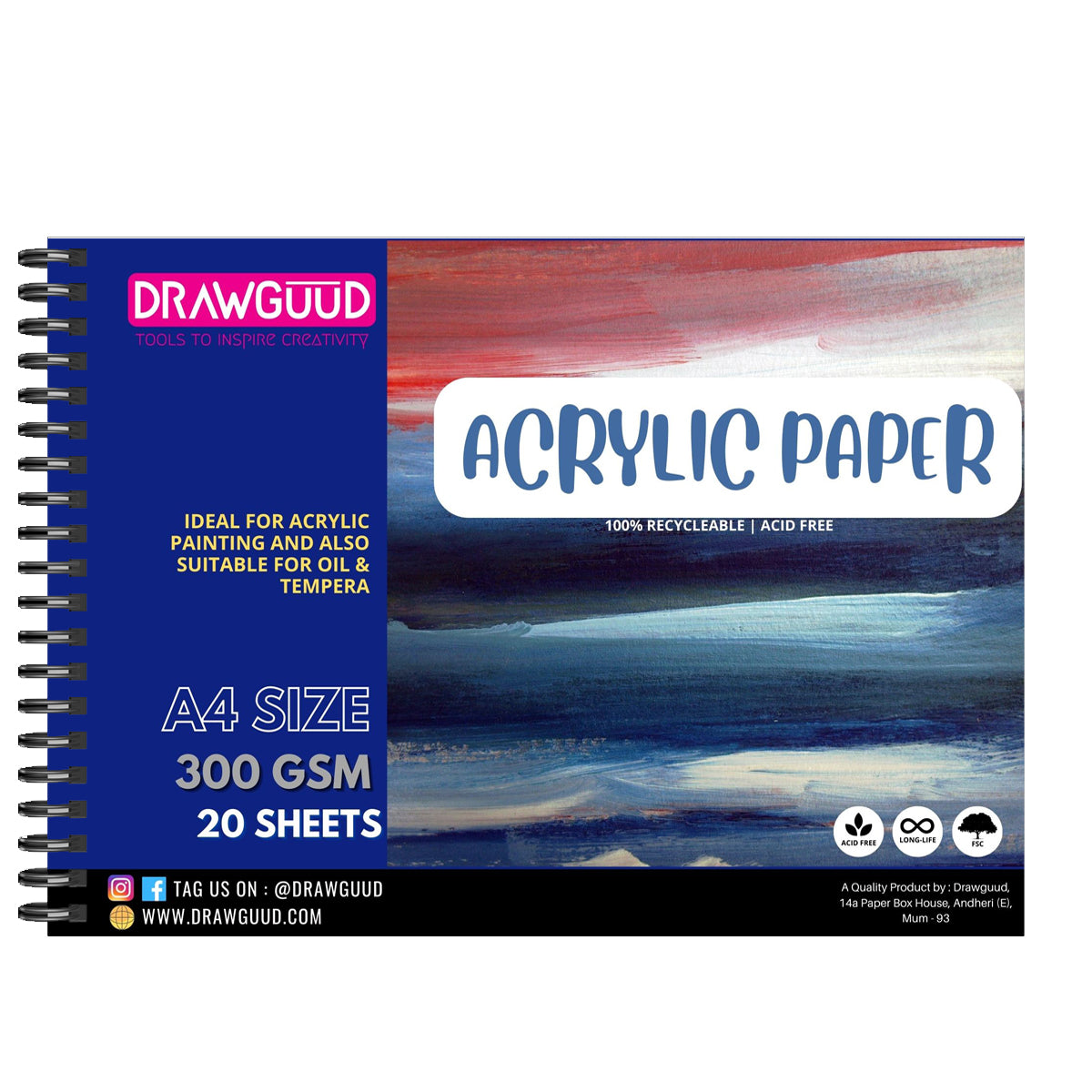DRAWGUUD ACRYLIC PAPER 300 GSM 12 SHEETS WIRO BOOK | WHITE