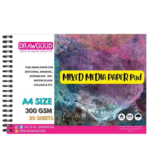 DRAWGUUD MIXED MEDIA PAPER 300 GSM 12 SHEETS WIRO BOOK, WHITE