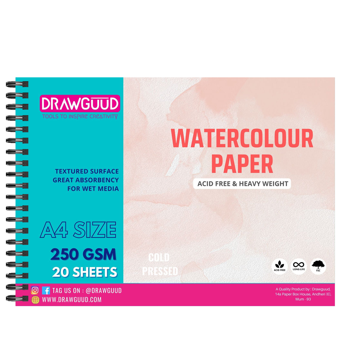 DRAWGUUD WATERCOLOUR PAPER 25% COTTON 250 GSM WIRO BOOK